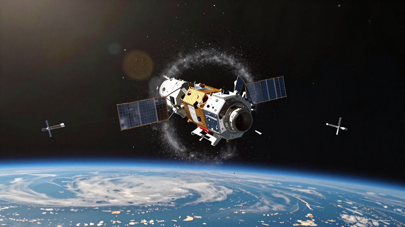 Satélite com painéis solares orbitando a Terra com nuvens e espaço escuro ao fundo.