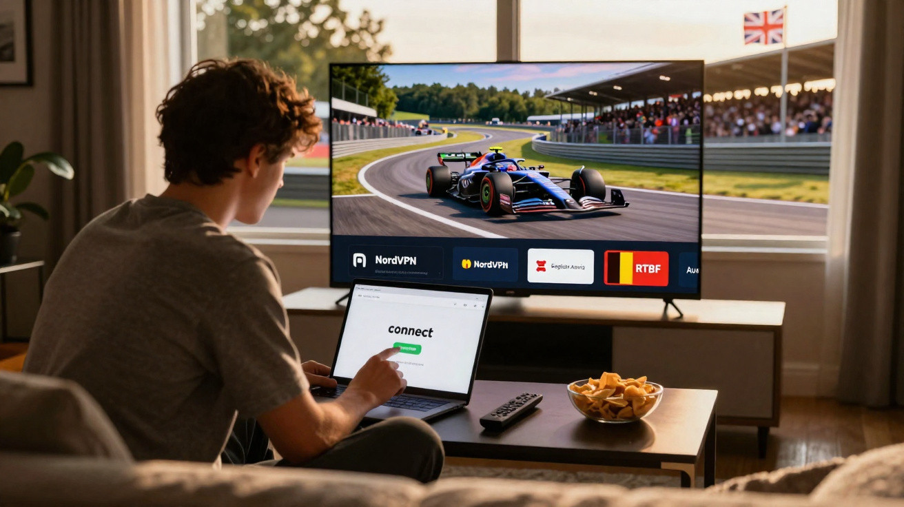 Jovem sentado no sofá, conectando laptop à VPN enquanto assiste corrida de carros na TV.