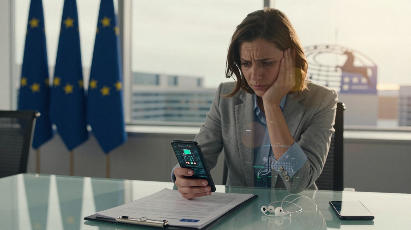 Mulher preocupada analisando dados financeiros no celular em escritório moderno com bandeiras da União Europeia.