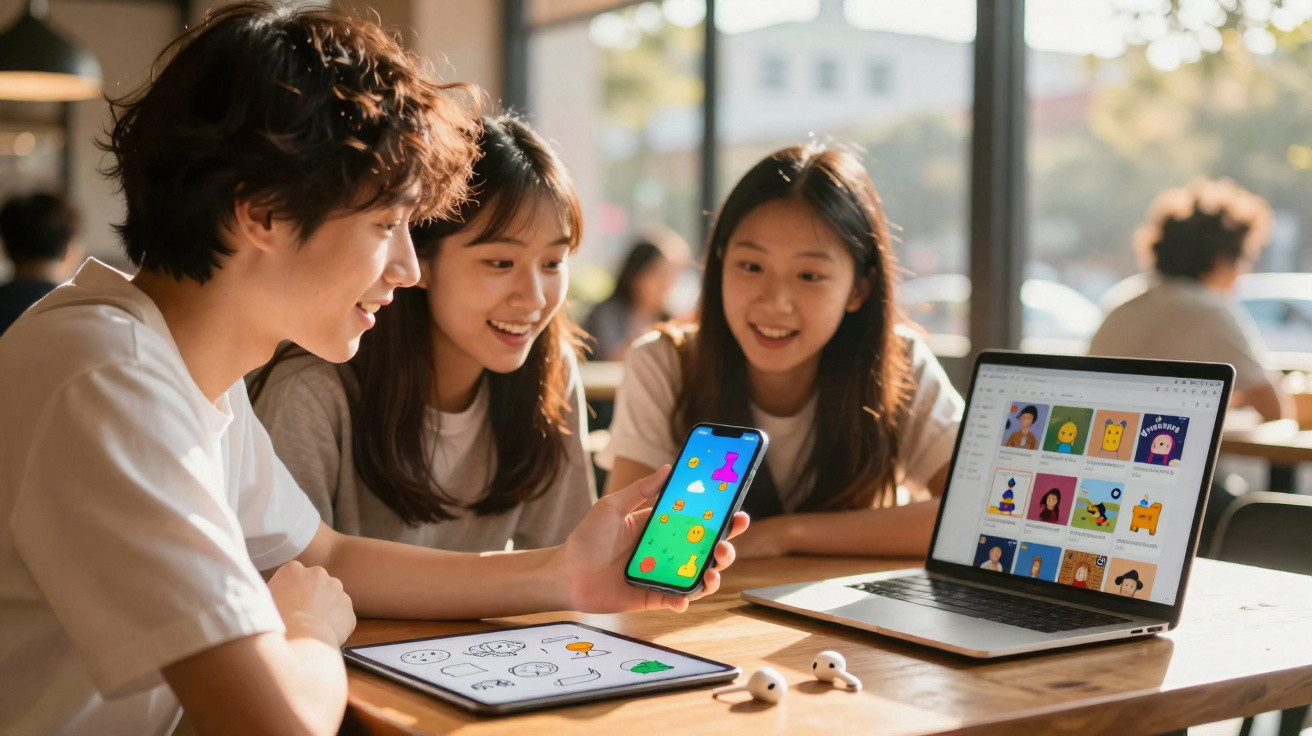 Três jovens sentados à mesa usando laptop, tablet e smartphone com imagens coloridas em ambiente iluminado.