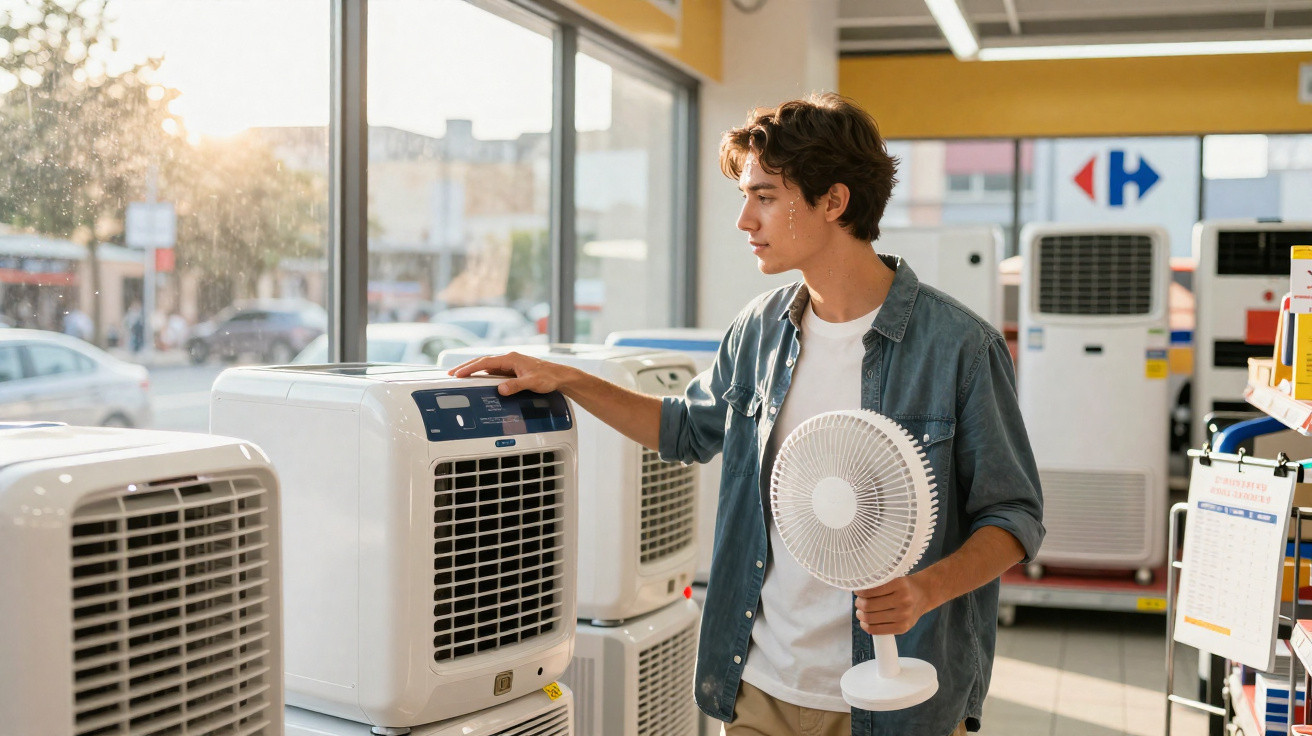 Jovem olhando e testando ventiladores em loja de eletrodomésticos com luz natural entrando pela janela.