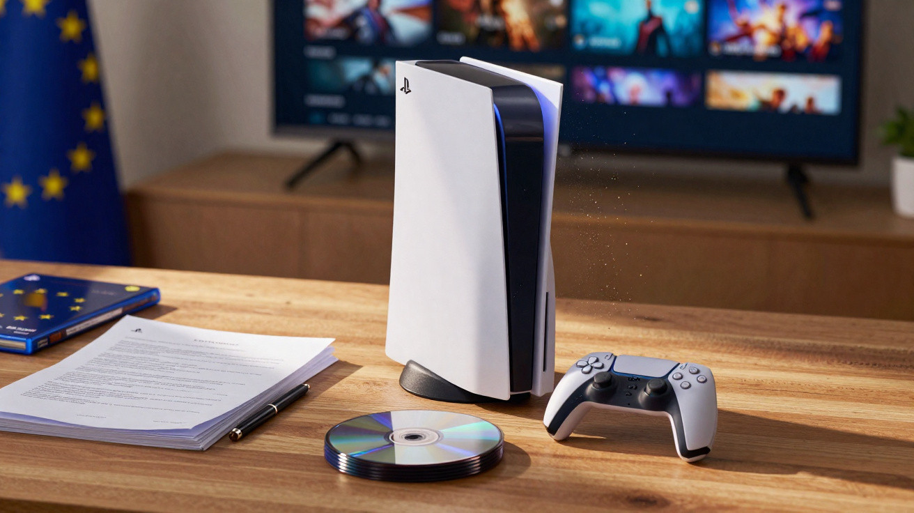 Console PlayStation 5 com controle, pilha de discos, caneta e documentos sobre mesa de madeira.