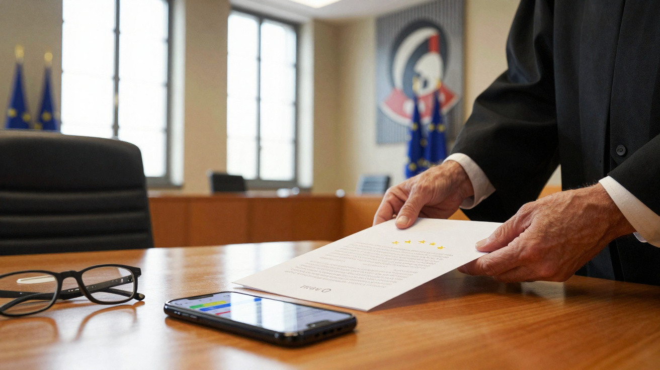 Pessoa segurando documento com texto oficial em mesa de reunião com celular e óculos.