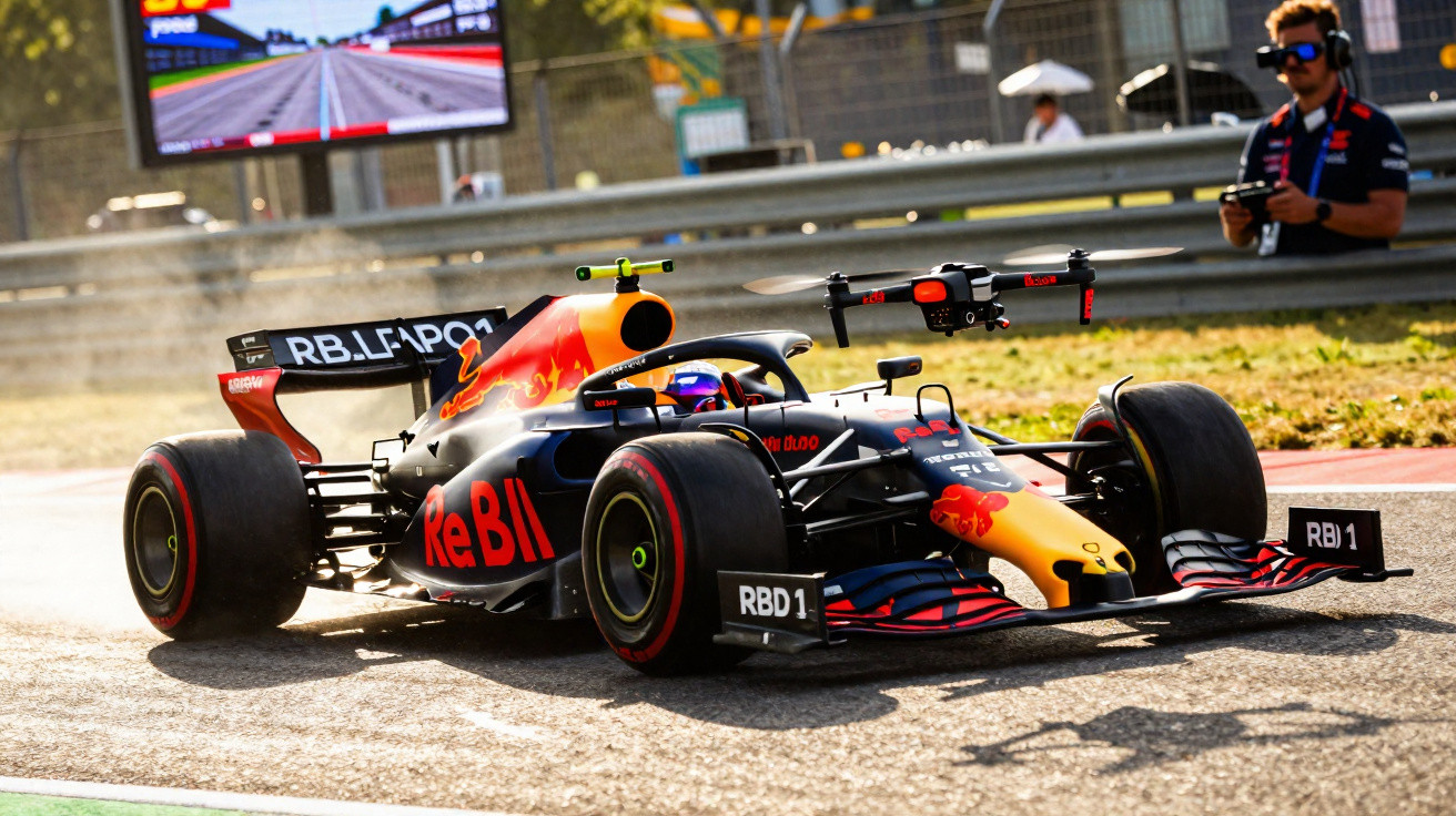 Carro de Fórmula 1 da Red Bull com drone voando ao lado na pista durante teste.