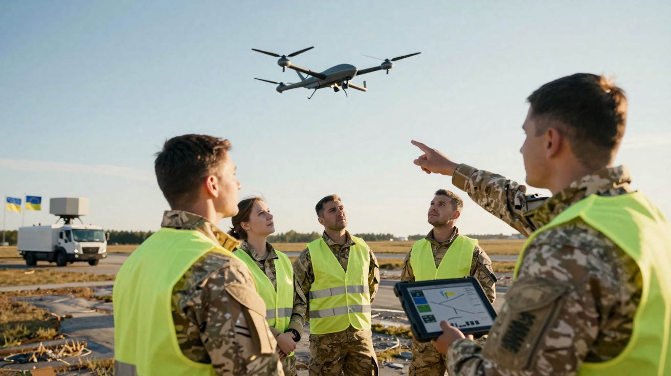 Militares em coletes refletores observam e controlam um drone em voo durante operação ao ar livre.