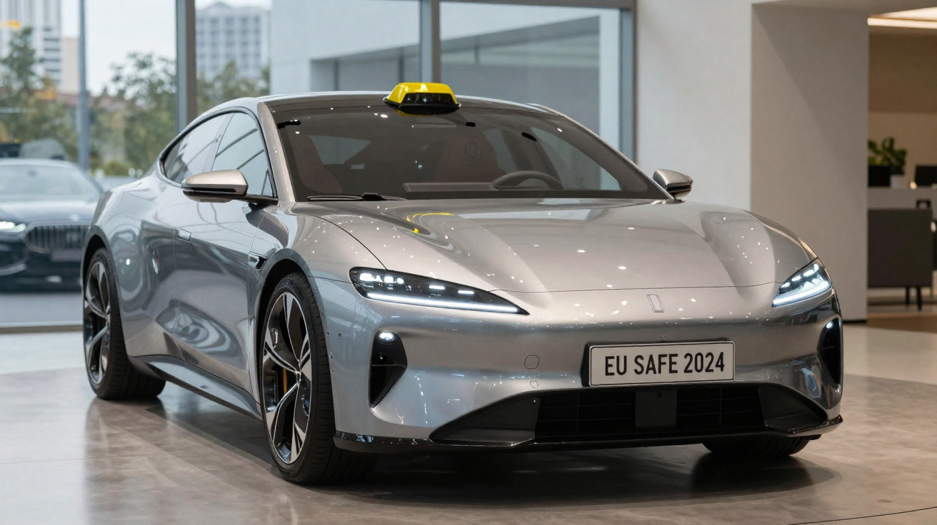 Carro prata moderno em ambiente interno com placa "EU SAFE 2024" e sinalizador de táxi amarelo no teto.