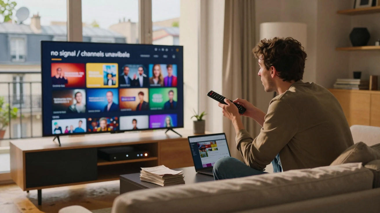 Homem sentado no sofá segurando controle remoto e com notebook aberto em frente à TV sem sinal.
