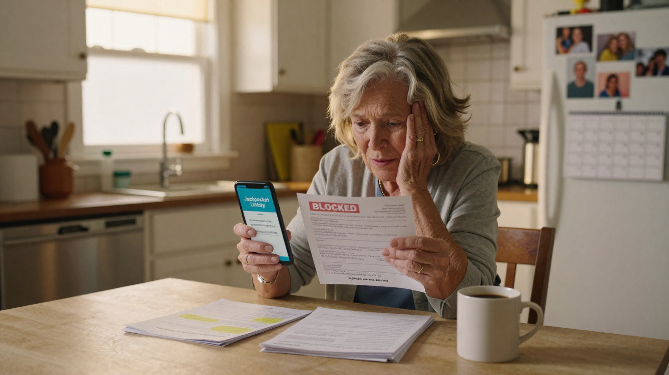 Mulher idosa preocupada lê carta e usa celular na cozinha, com documentos e café na mesa.