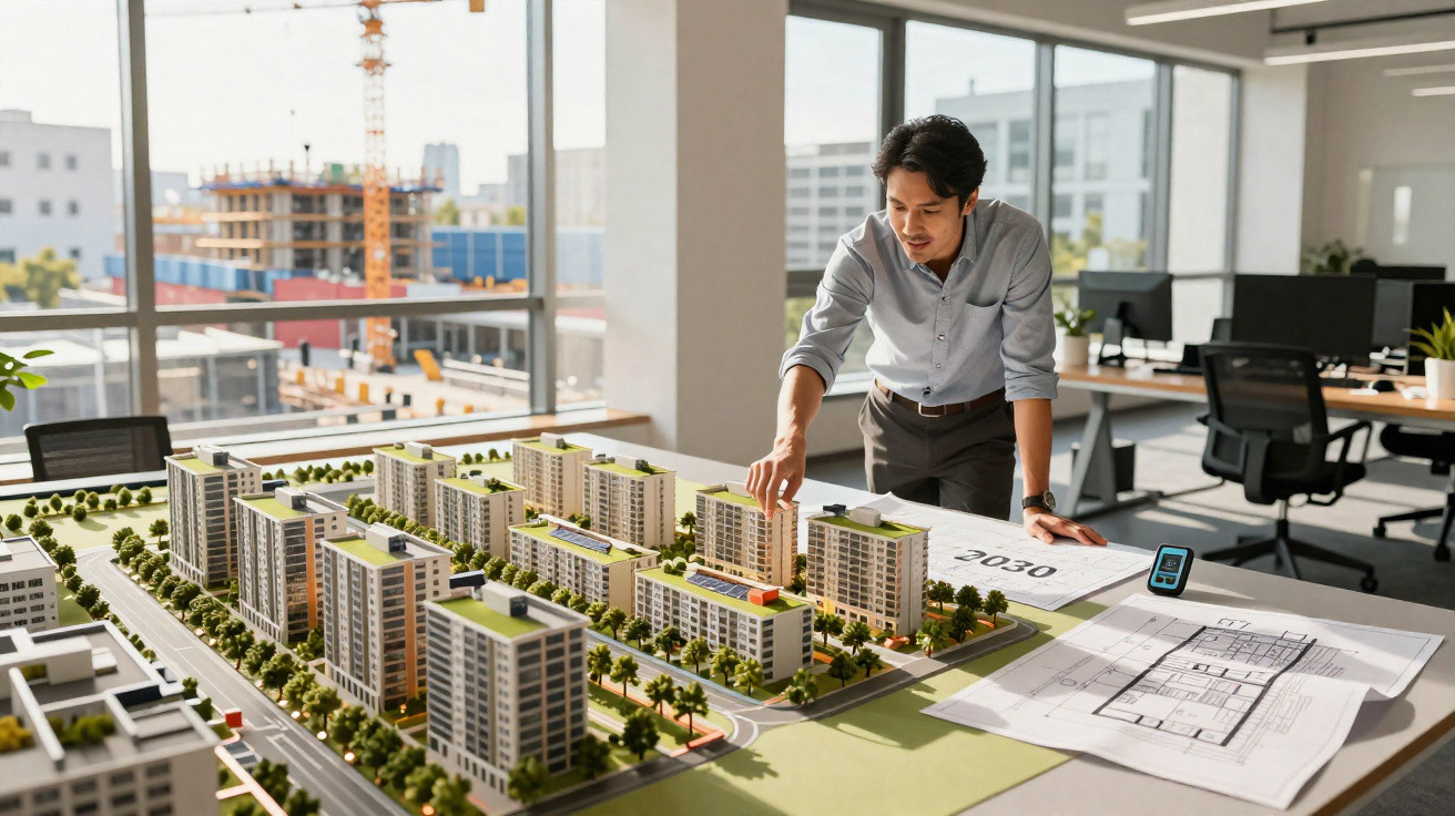 Homem analisando maquete de complexo residencial em escritório moderno com plantas e computadores.