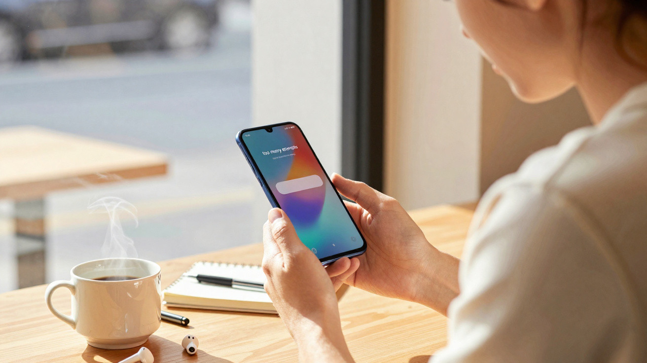 Pessoa segurando um smartphone azul em uma mesa de madeira com café quente, fones e caderno ao fundo.