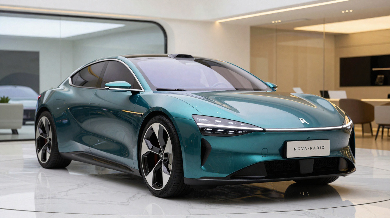 Carro elétrico esportivo verde metálico em showroom moderno com piso branco e iluminação indireta.