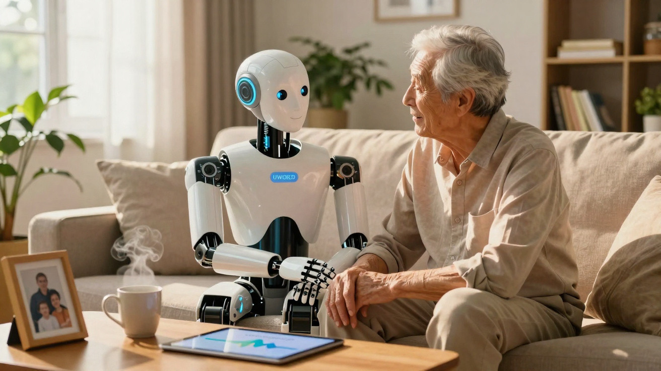 Robô humanóide conversando com idoso enquanto seguram as mãos em sala de estar.