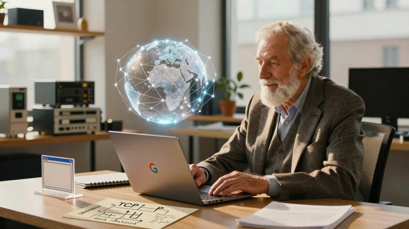 Homem idoso usando laptop com holograma do globo terrestre conectado por rede digital em escritório moderno.