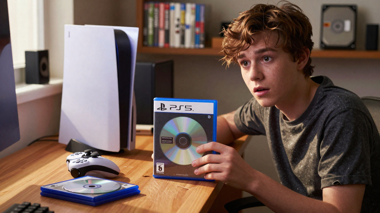 Jovem sentado à mesa segurando jogo PS5 ao lado de console, controle e jogos em capa azul.