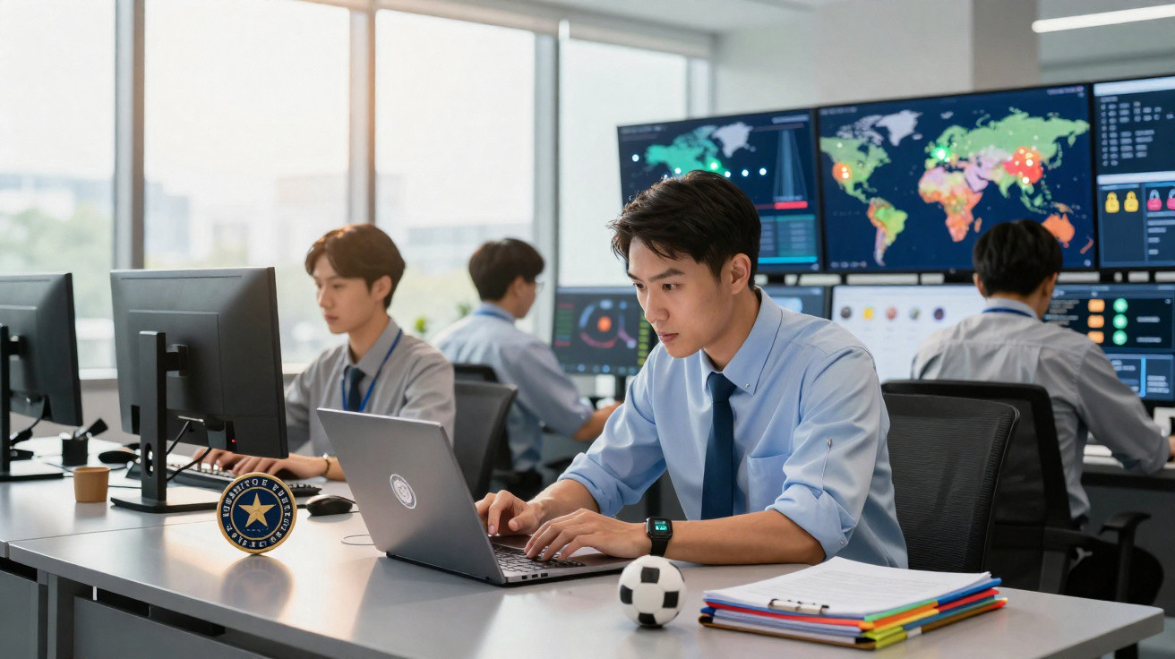 Homens trabalhando com laptops em escritório moderno com telas mostrando mapas e dados ao fundo.