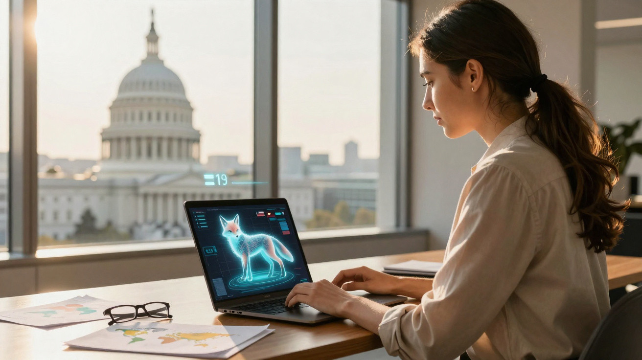 Mulher observa holograma de raposa digital em laptop com edifício clássico ao fundo.