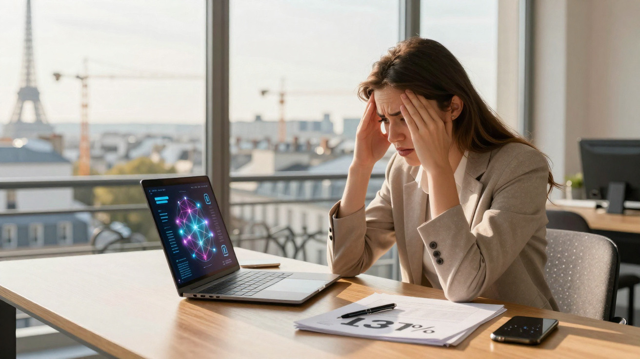 Mulher preocupada com dores de cabeça sentada em escritório com laptop e gráfico de 131% sobre a mesa.
