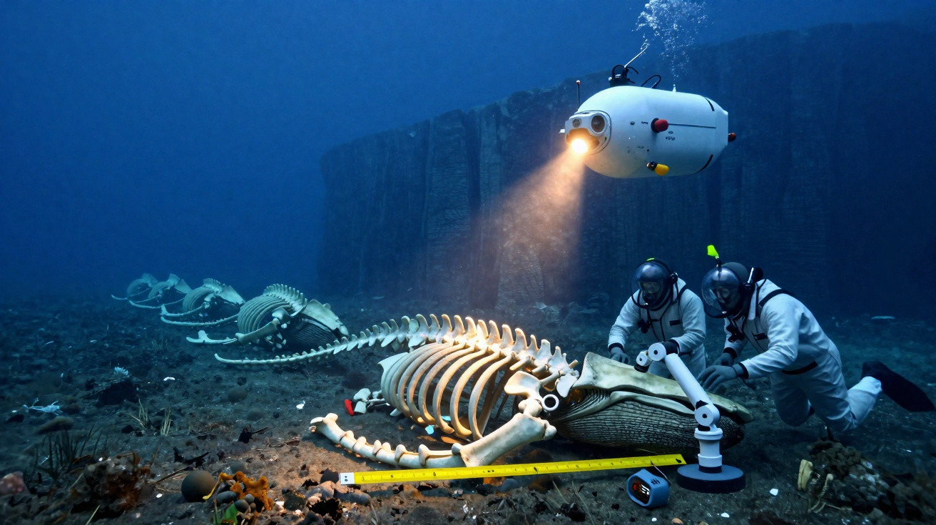 Dois mergulhadores examinando o esqueleto de uma criatura marinha enorme no fundo do oceano iluminados por um drone subaquáti
