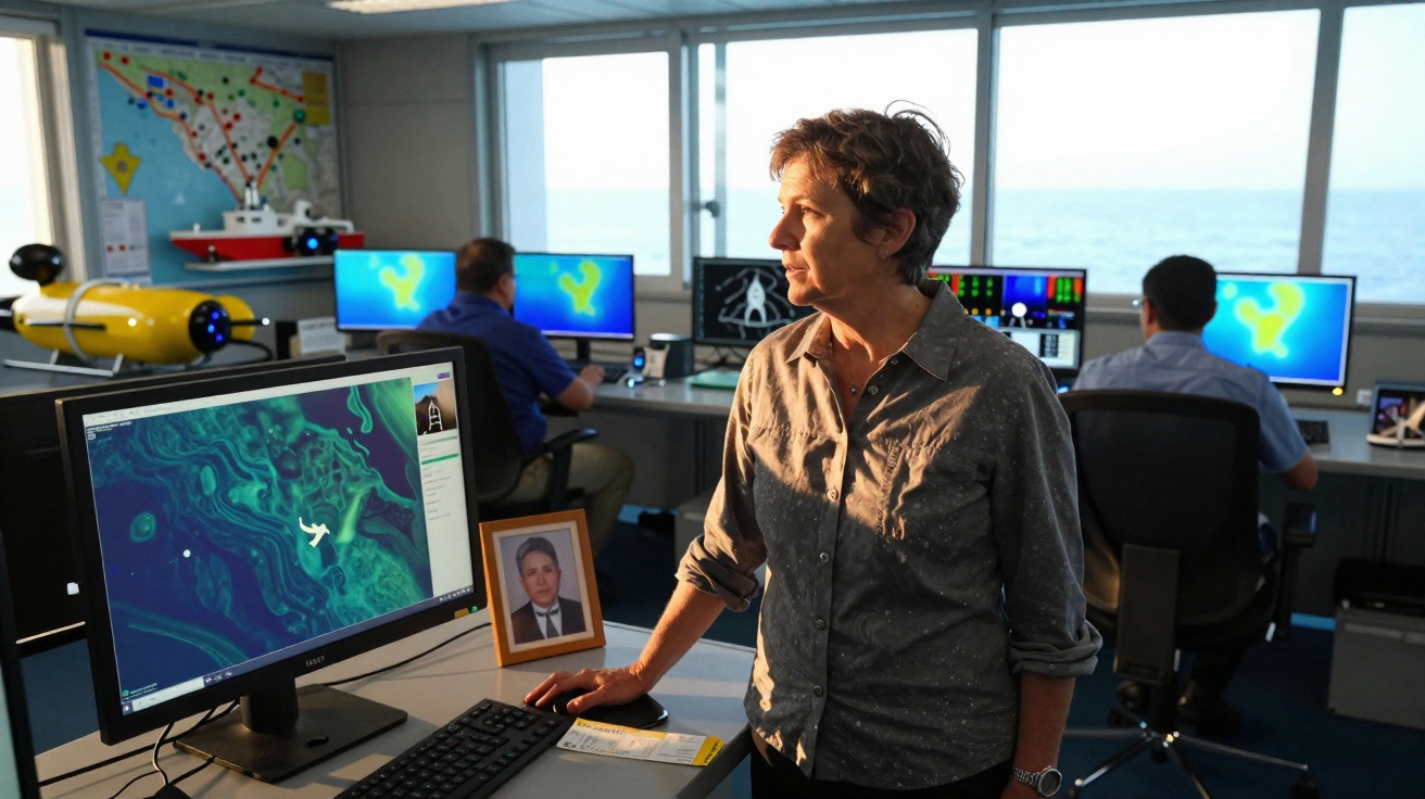 Mulher observa tela com mapa marítimo em sala de controle, com dois homens e monitores ao fundo.