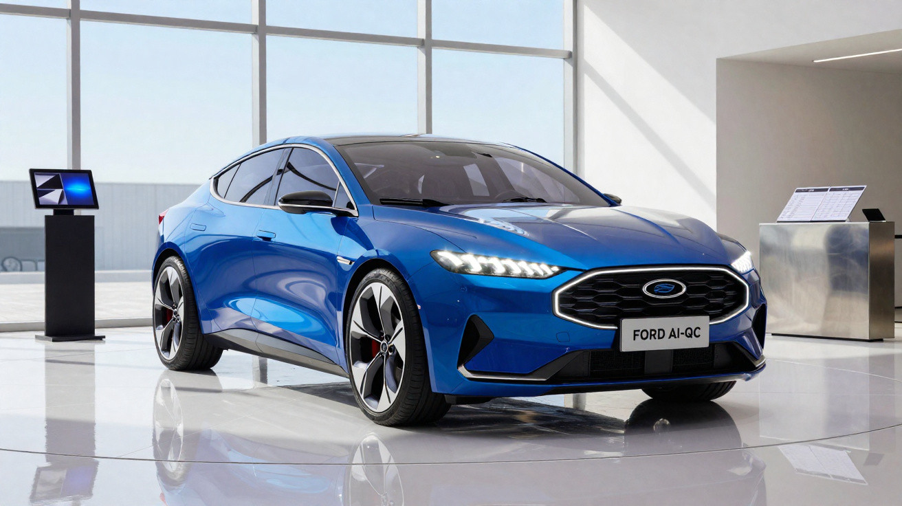 Carro elétrico azul Ford AI-QC em exposição dentro de salão moderno com piso branco brilhante.
