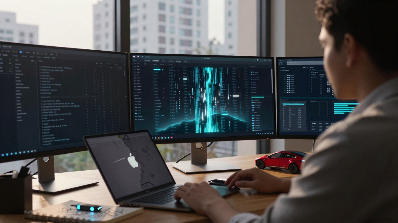 Pessoa trabalhando em computador com três monitores exibindo códigos e gráficos.