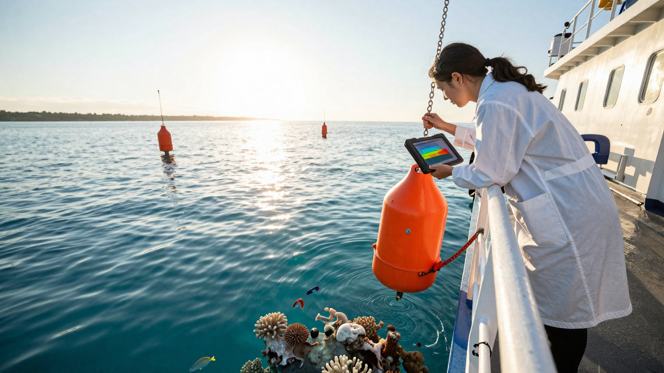 Mulher em jaleco branco monitora coral marinho com tablet a bordo de barco em mar calmo e ensolarado.