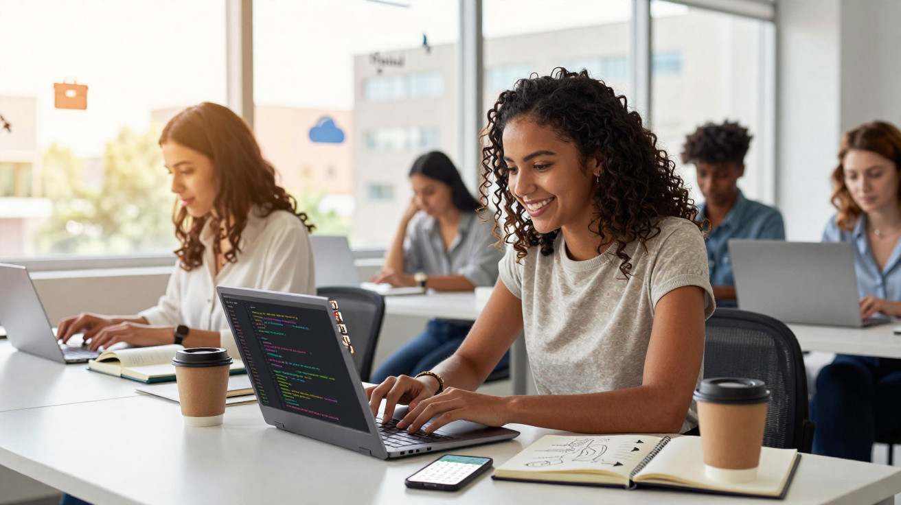 Jovens profissionais trabalhando em laptops em ambiente de escritório moderno e iluminado.