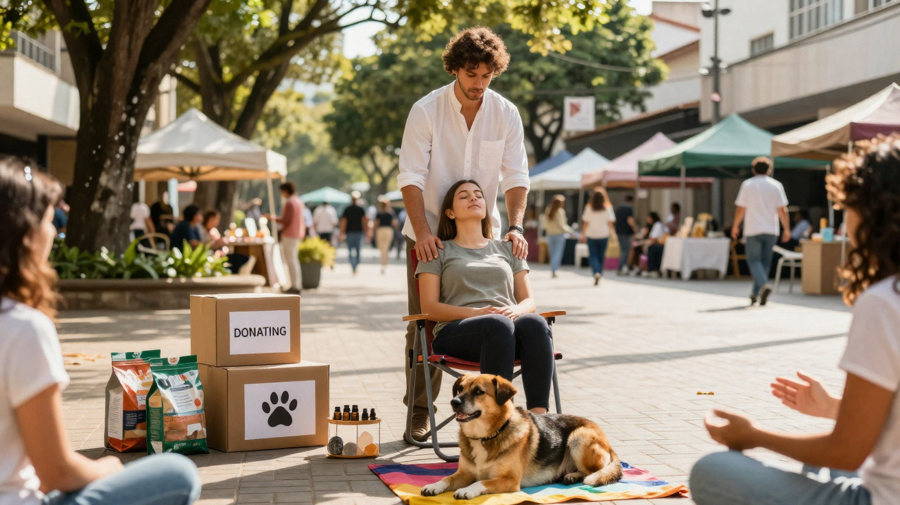 Homem massageando ombros de mulher sentada em cadeira, cachorro e doações em praça com pessoas ao redor.