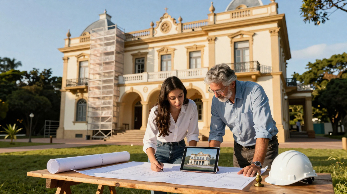 Dois arquitetos analisam plantas em uma mesa com tablet em frente a prédio histórico em reforma.