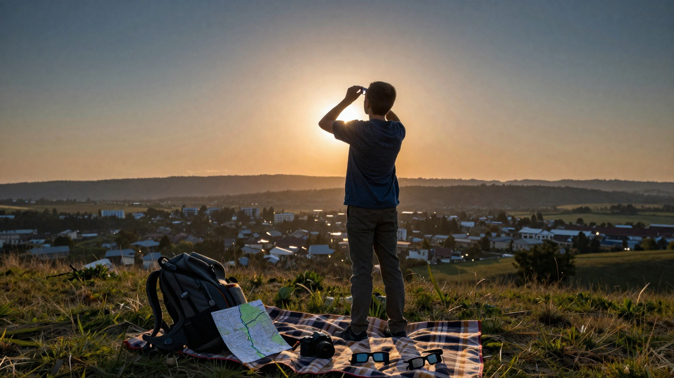 Criança usando binóculos no pôr do sol em colina com mochila, mapa e câmera sobre toalha quadriculada.