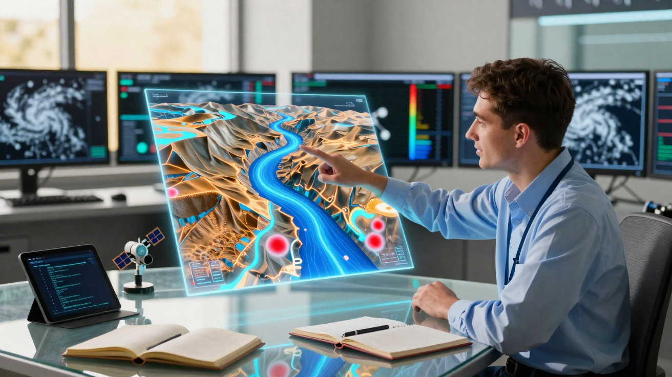 Homem analisa mapa digital em holograma em escritório com várias telas e livros abertos na mesa.