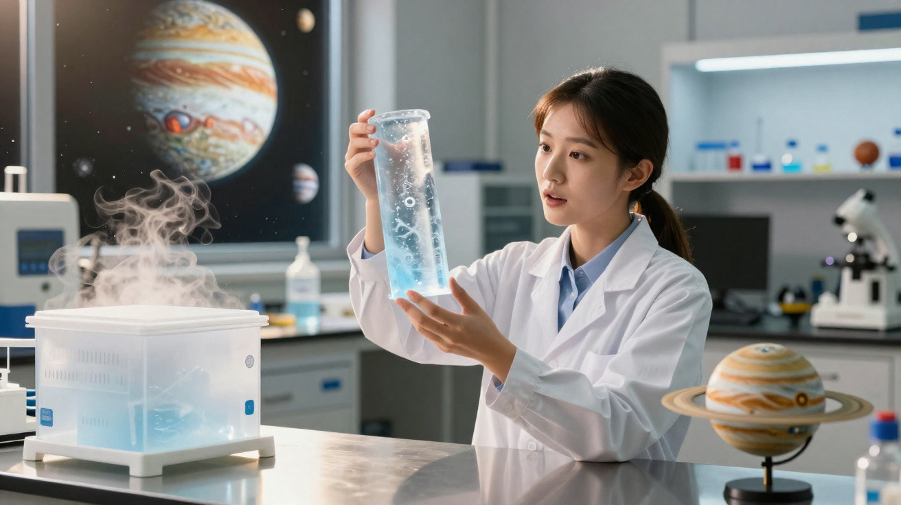 Mulher cientista em laboratório segurando cilindro com líquido azul, com modelo de planeta e equipamentos ao redor.