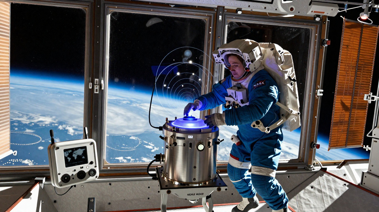 Astronauta operando dispositivo tecnológico dentro de estação espacial com vista da Terra ao fundo.