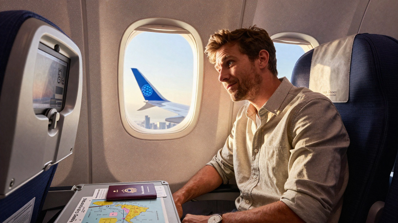Homem olhando pela janela de avião sentado ao lado de mapa e passaporte na mesa dobrável.