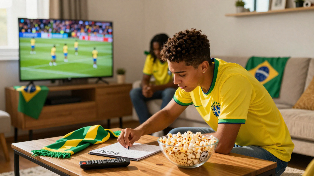 Jovem com camisa amarela do Brasil assiste futebol e escreve em caderno perto de tigela de pipoca na sala.