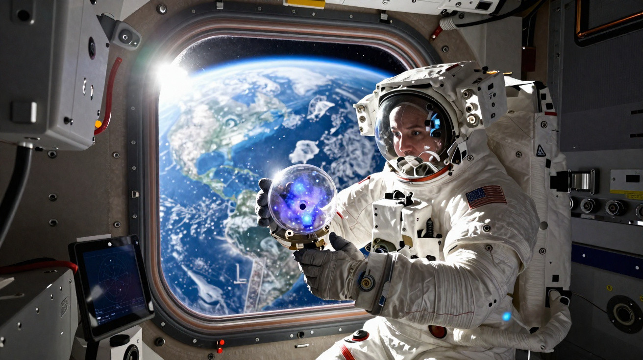 Astronauta na estação espacial segura objeto luminoso com planeta Terra visível pela janela.