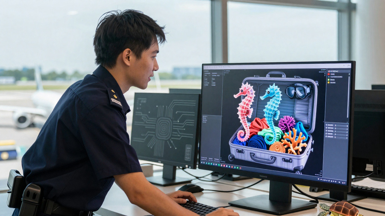 Homem em uniforme analisa imagens digitais de cavalos-marinhos coloridos em uma tela de computador no aeroporto.