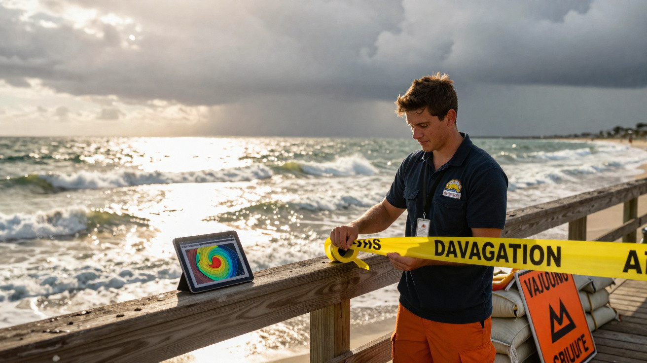 Jovem em praia preparando faixa de contenção com imagem de furacão em tablet ao fundo do mar agitado.