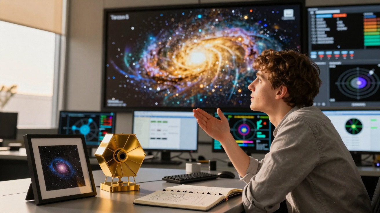 Homem jovem estudando galáxias com telas digitais e modelo de telescópio em laboratório de astronomia.
