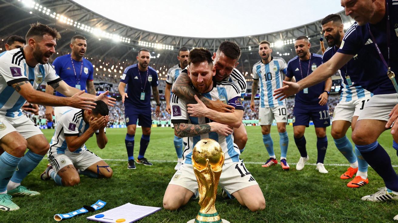 Jogadores da Argentina comemoram vitória com a taça da Copa do Mundo em estádio iluminado.