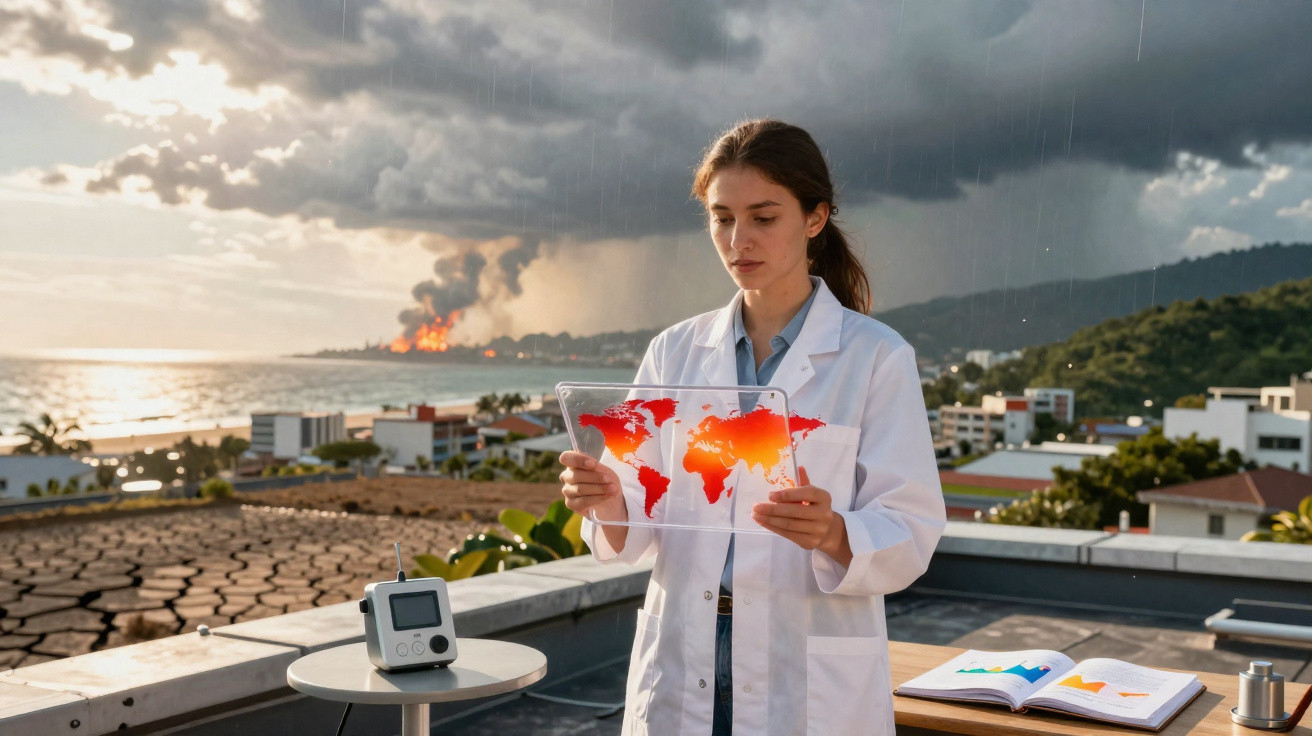 Mulher cientista em jaleco observa mapa de pandemias enquanto chuva e incêndio ocorrem ao fundo.