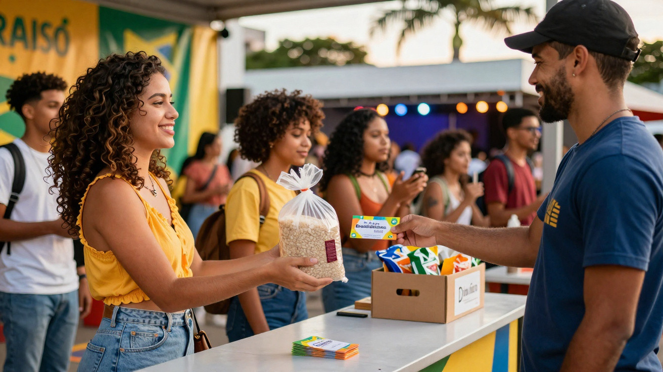 Jovem recebe pacote de alimento em ação de doação ao ar livre com fila de pessoas ao fundo.