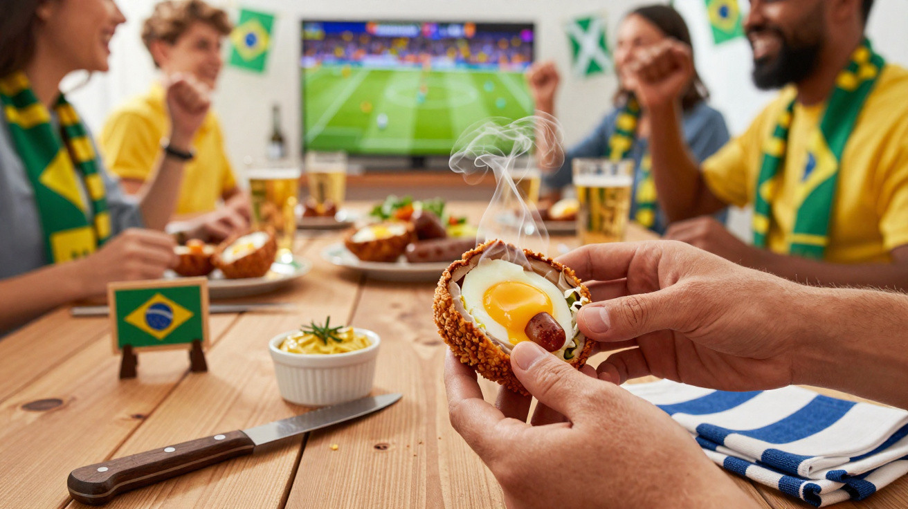 Pessoas assistindo jogo de futebol comendo ovo frito empanado e bebidas em mesa decorada com bandeiras do Brasil.