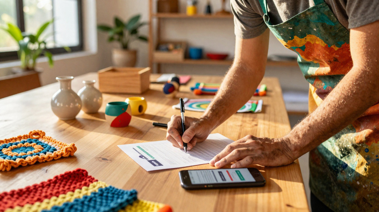 Pessoa escrevendo em formulário sobre mesa com itens artesanais e celular ao lado.