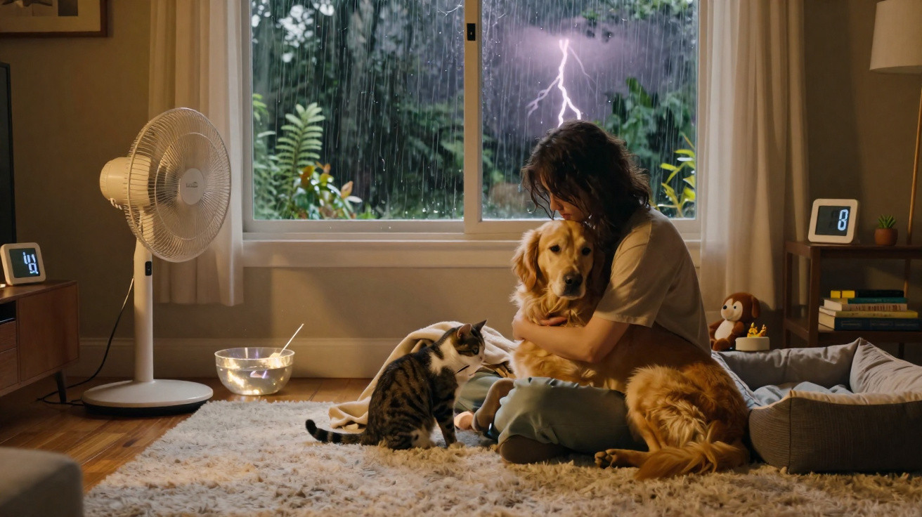 Mulher abraça cachorro enquanto gato observa, com tempestade e relâmpago do lado de fora da janela.