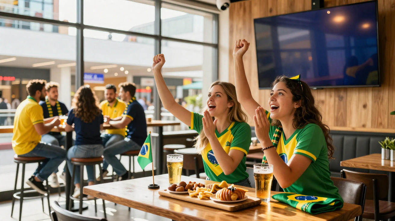 Torcedoras brasileiras animadas assistindo jogo em bar com petiscos e cervejas sobre a mesa.