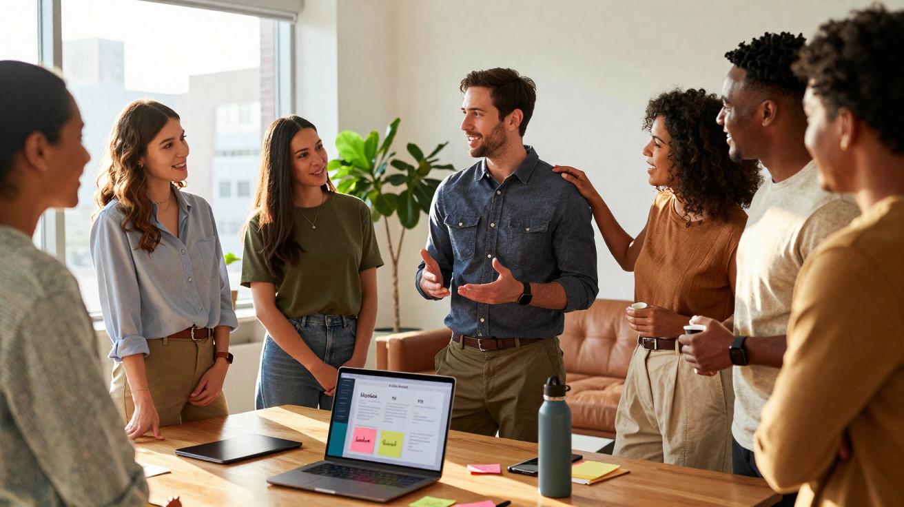 Grupo diverso de pessoas conversando e sorrindo em ambiente de trabalho com laptop na mesa.