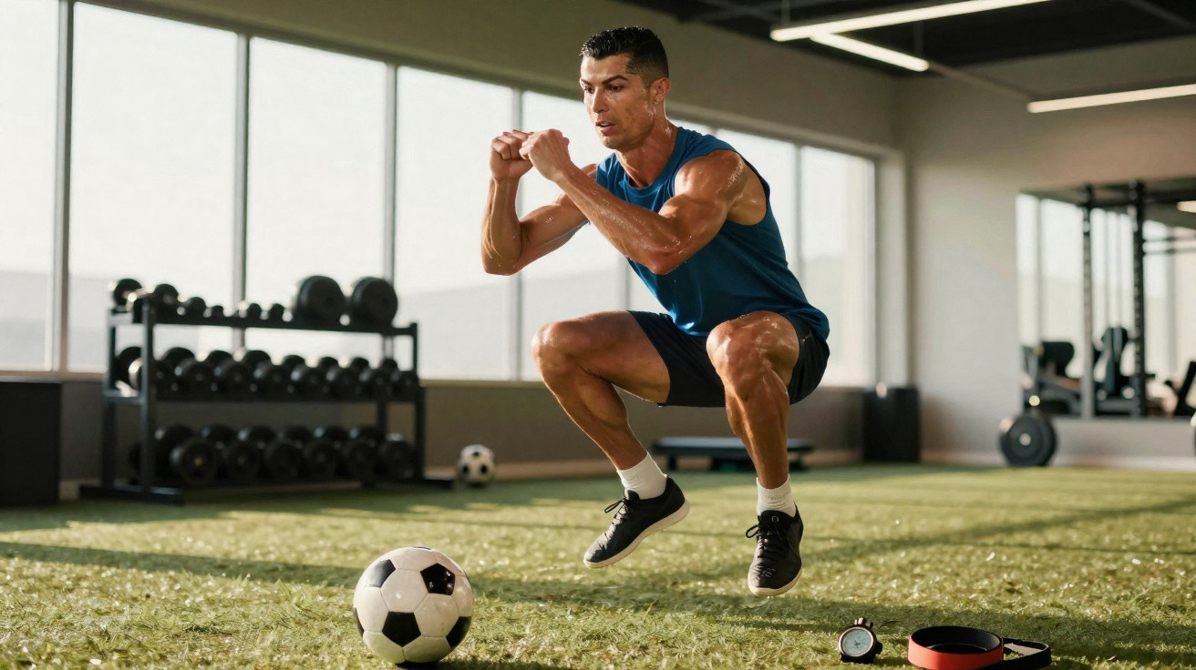 Homem fazendo exercício pliométrico saltando próximo a uma bola de futebol em academia indoor.