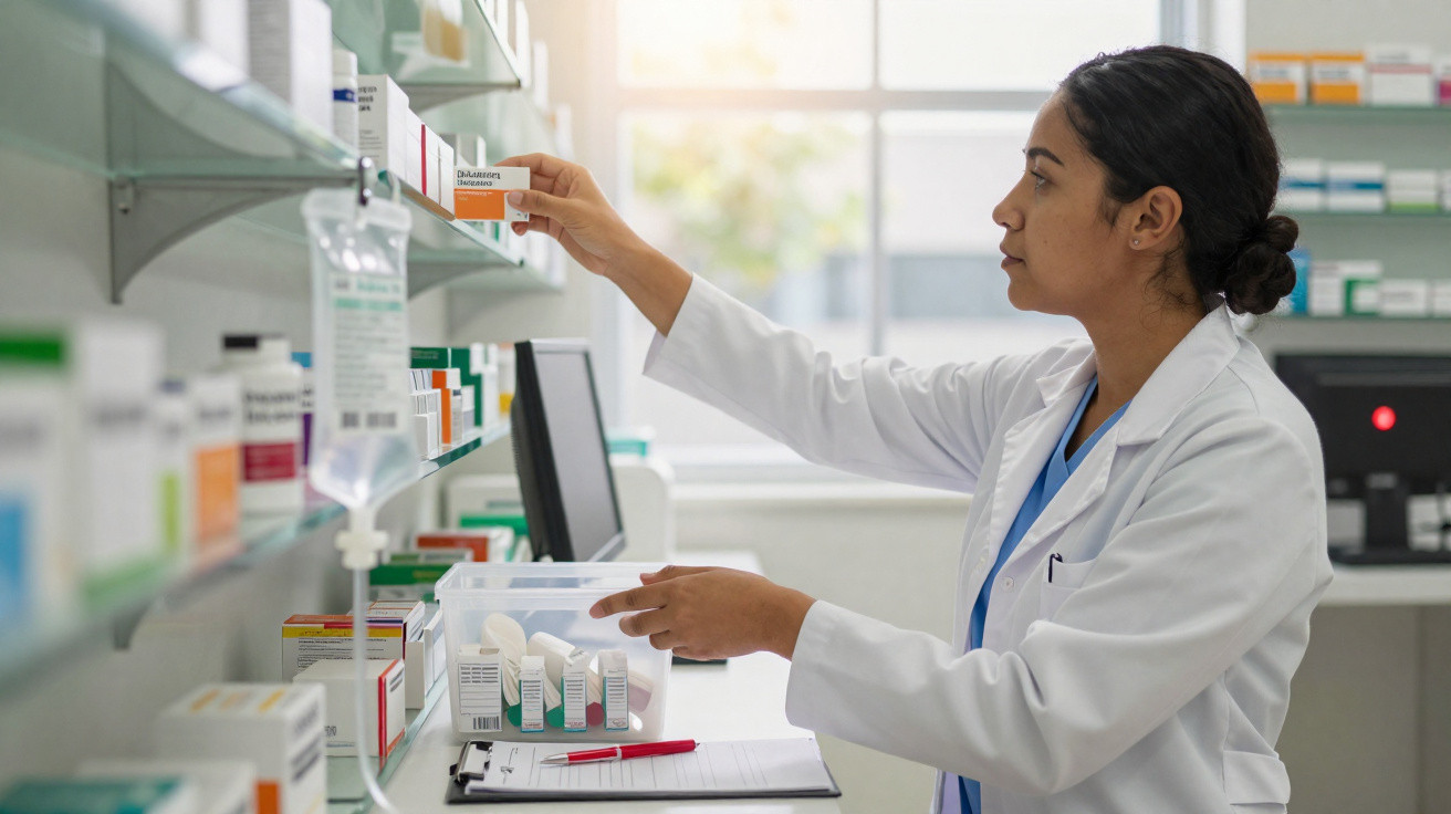 Mulher farmacêutica seleciona medicamento na prateleira em farmácia com caixa de remédios à frente.