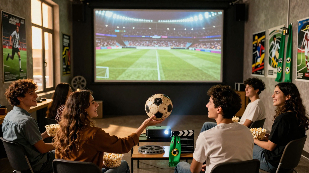 Grupo de jovens assistindo jogo de futebol em tela grande, com pipoca e bola de futebol na mão.